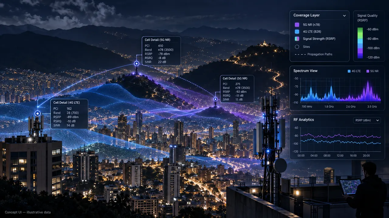 Conceptual visualization of mobile network observability, RF sensing and 4G/5G field analytics