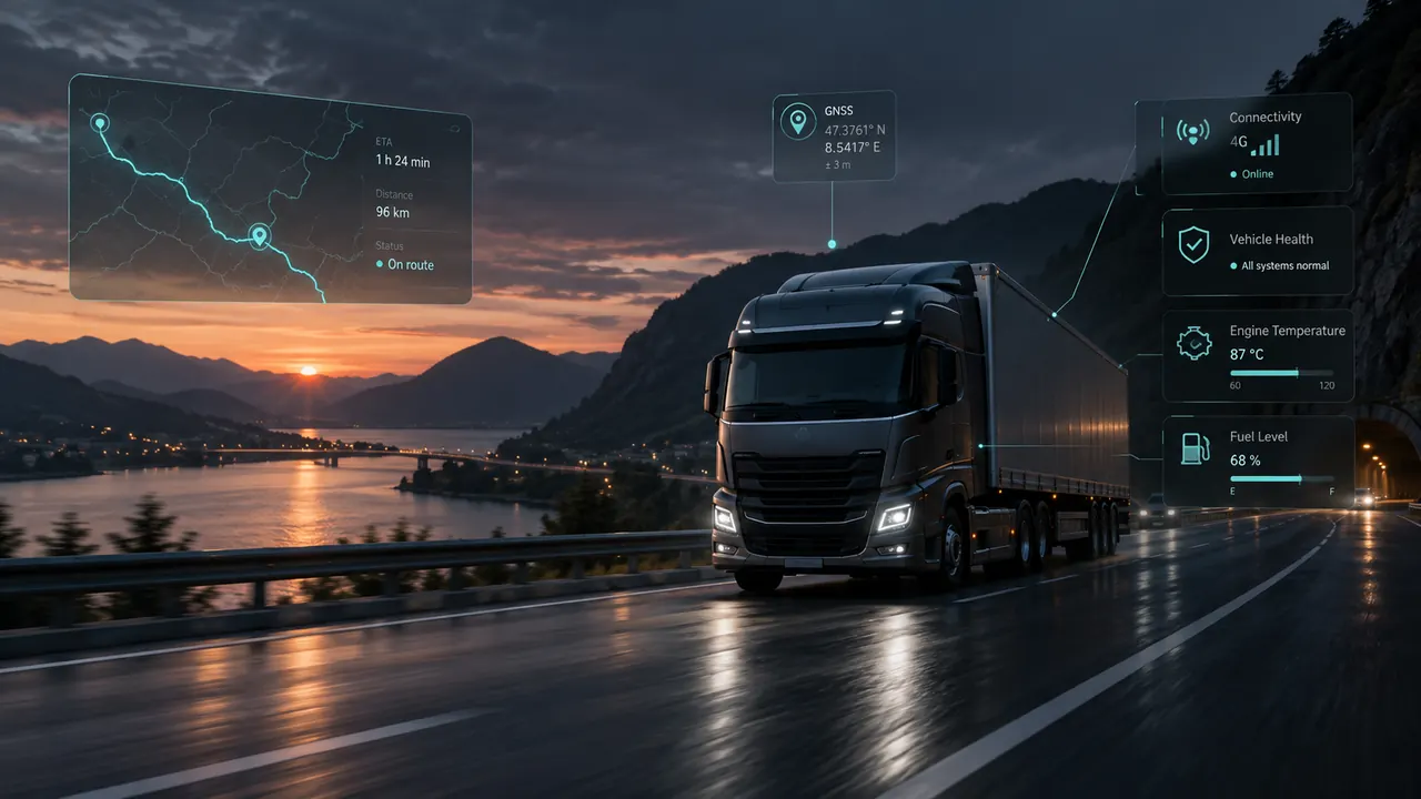 Conceptual visualization of connected fleet telemetry, GNSS, vehicle status and connectivity context